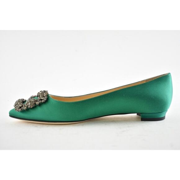 Manolo Blahnik Hangisi Emerald Green Satin Jewel Buckle Ballerina Ballet Flat 37 - Picture 9 of 12
